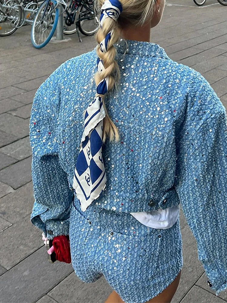 Womens Denim Sequined Shorts Sets 2 Pieces Spring Outfit Outwear Long Sleeve Lapel Coats Slim Short Pants Suit Female 250714