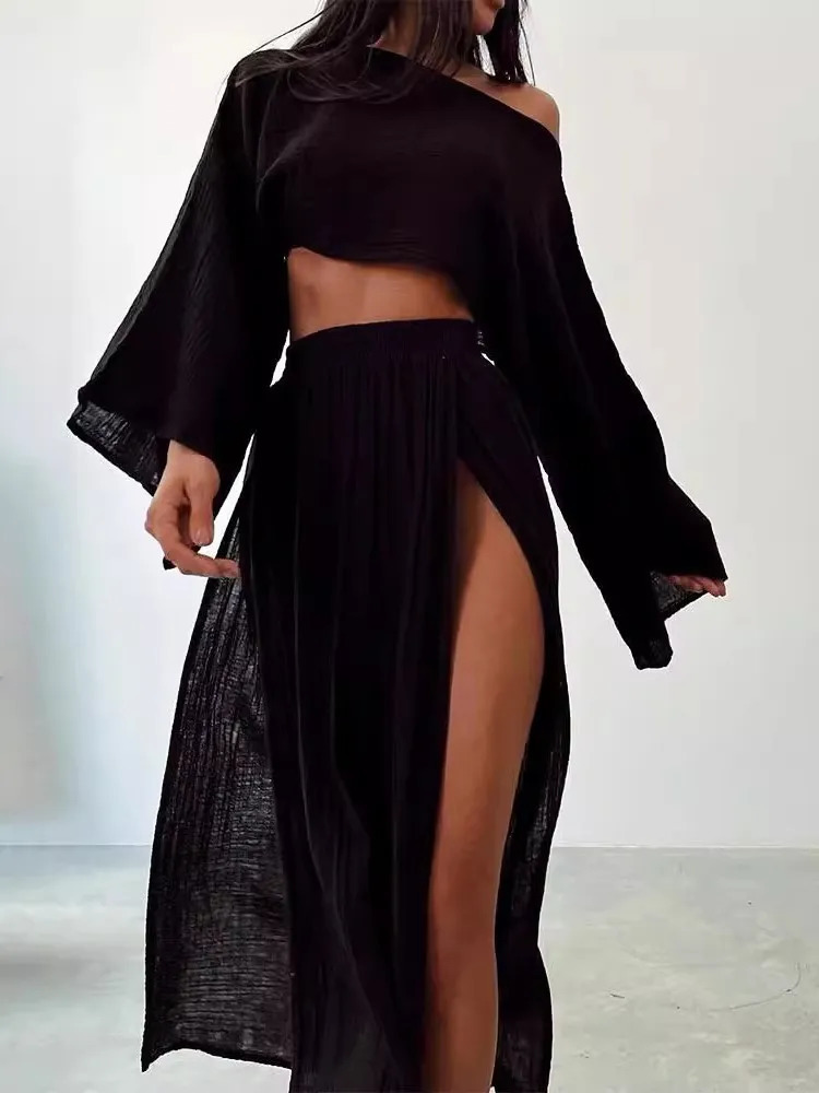 2 Pcs/Set Women Crop Top Skirt Sets Long Sleeve Top High Waist Split Skirts Suit Beach Bikini Coverup Lady Elegant Party Outfit 250714