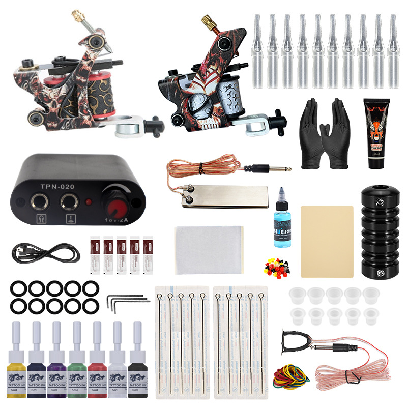 Complete Tattoo Machine Kit Set 2 Coils Guns 6 Colors Black Pigment Sets Power Tattoo Beginner Grips Kits Permanent Makeup