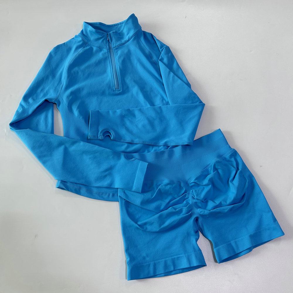 2pcs Sport Sets Long Sleeve Jacket Yoga Top With Half Zip Coat Women Push Up Shorts Fiess Suits Seamless Running Workout Set Clothing Activewear