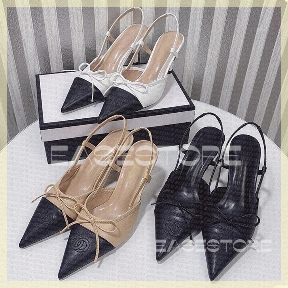 Designer chan Crystal Bow backless sandals Stiletto Heels Mesh Beige Black Veil Rhinestone Kitten Heels Ladies Luxury Lace-up Wedding Party Dress Shoes