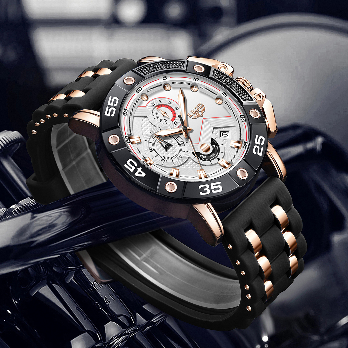 LIGE Men's Watch Fashion Sports Watch (Chronograph/Waterproof/Lightning/Calendar) Silicone Strap Quartz Watch Men's Watch Birthday Gifts