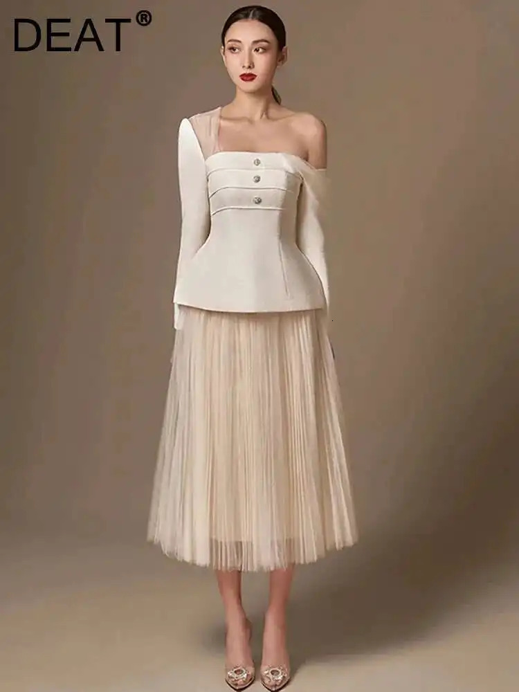DEAT 2 Pcs Set Skew Collar Off Shoulder Mesh Patchwork Coat High Waist Pleated Skirt Women Suit Summer Fashion 13DB3390 250714