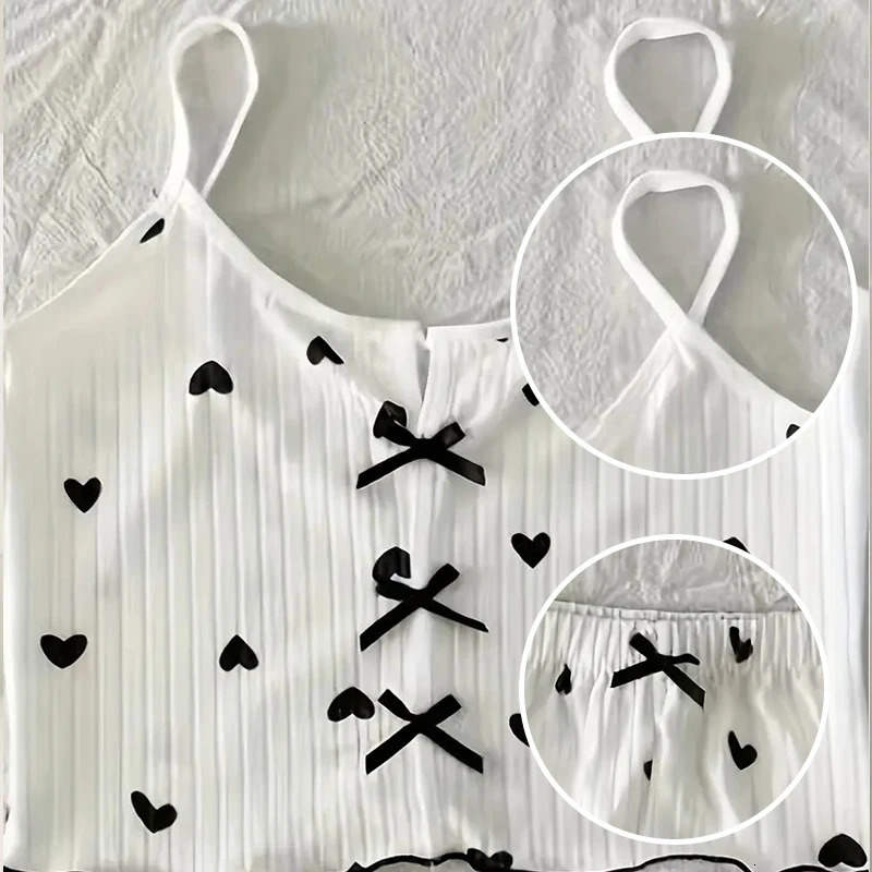 Womens Suspender Pajamas with HeartShaped Print TwoPiece Set Summer Comfortable Home Wear Sexy Casual 250717