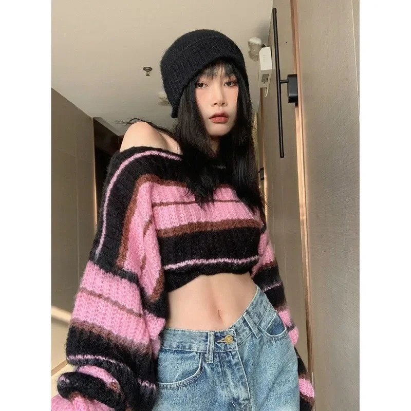 Y2K Korean Style Pink Cropped Sweater Women Striped Jumper Vintage Female Autumn Long Sleeve Crewneck Pullovers Tops 250707