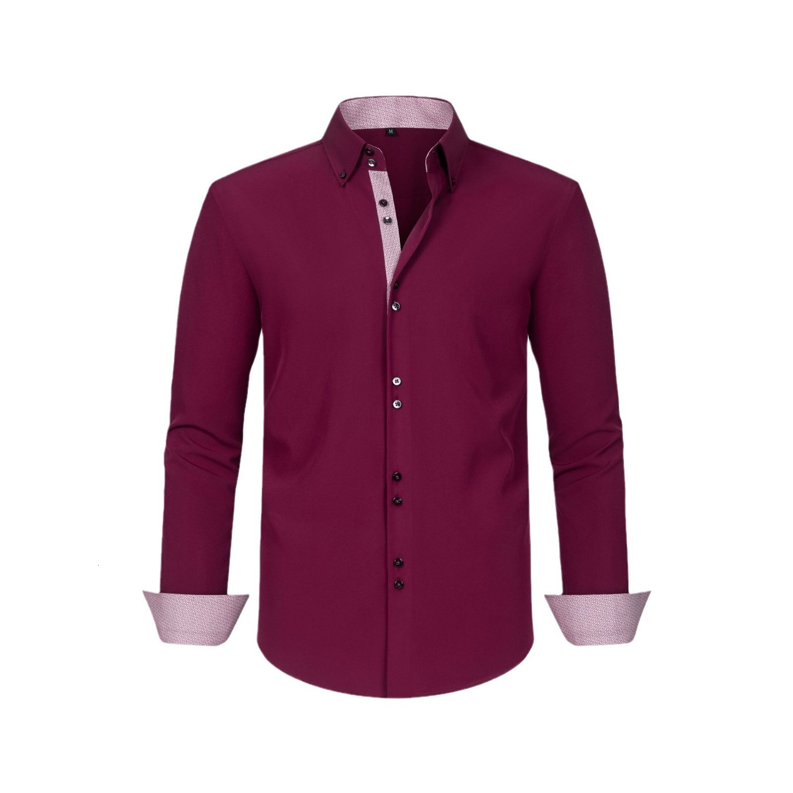 DiBanGu Men Shirt Long Sleeve Black Solid Red Paisley Color Contrast Fashion Dress Shirt for Men Button-down Collar Men Clothing 240827