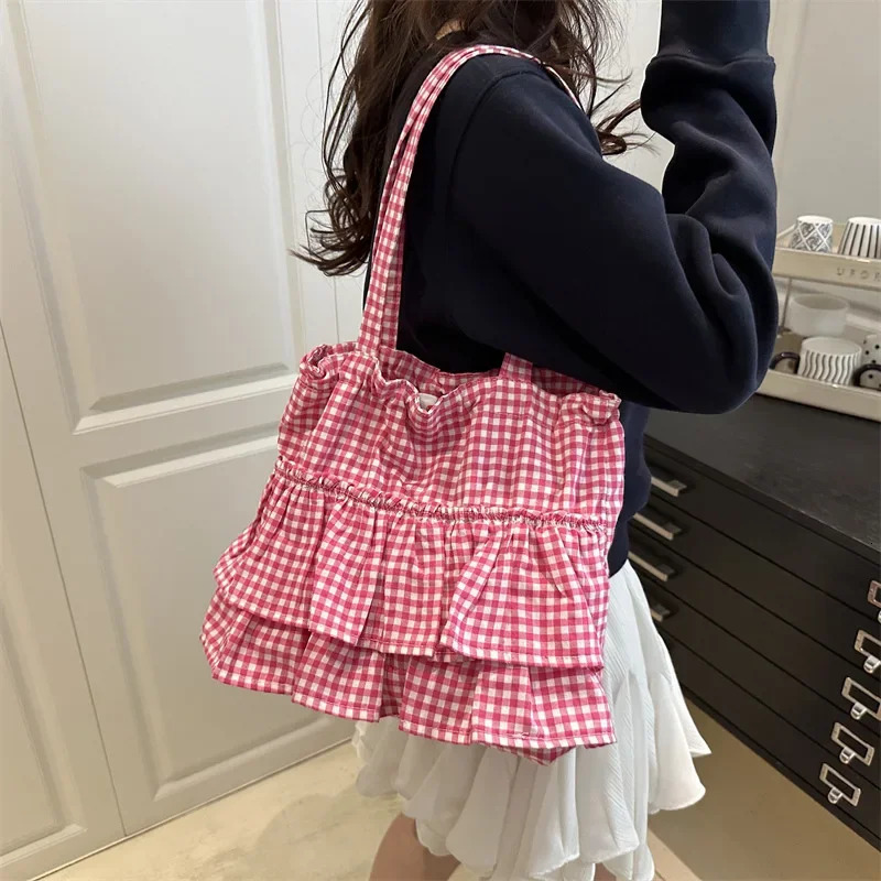 Casual Ruffles Womens Drawstring Shoulder Bags Commute Simple Ladies Plaid Tote Shopping Bag Large Capacity Handbags 250717