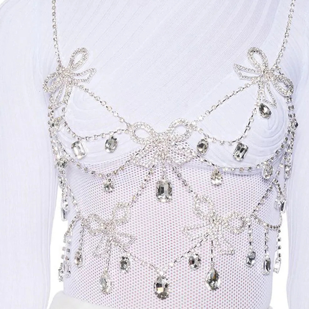 Bowknot Chest Chain for Women Hollow Out Tassel Iced out VVS Moissanite Bling Bling Body Chain High End Dance Party Fashion Accessories