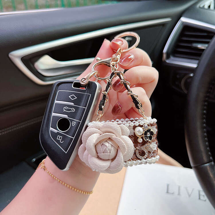 Fashion Fresh Fabric Camellia Bag Pendant Chanel Style Car Keychain Girly Heart Ornament