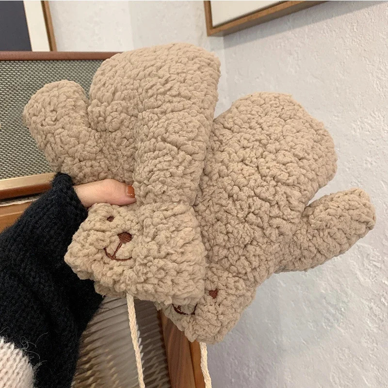 Plush Warm Gloves Soft Winter Thick Fingerless Korean Japanese Bear Gloves With Ropes Casual Outdoor Riding Mittens Warm 250717