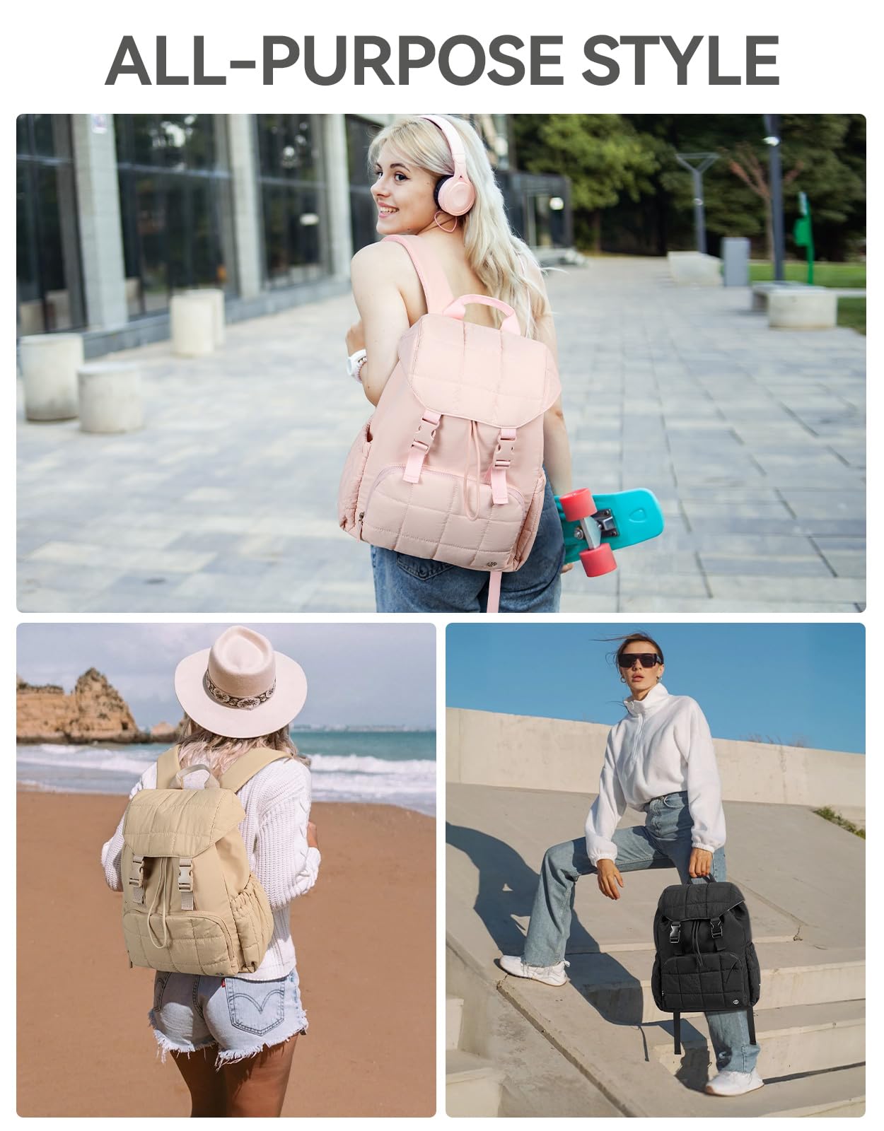 Women's Puffer Backpack, Versatile College Laptop Backpack with RFID Pocket, Water Resistant Casual Travel Daypack