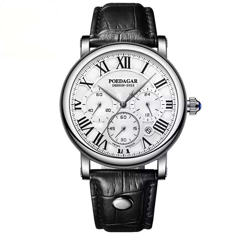 DHwatches Men's Ultra-Thin Leather Strap Watch - Multifunction Chronograph, Date Display, 50M Waterproof, Sapphire Crystal, Casual Quartz Watch