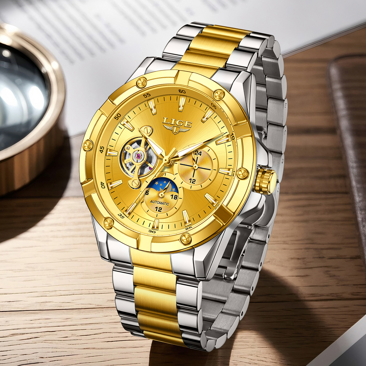 LIGE Men's Mechanical Watch Stainless Steel Band Fashion Business Watch 30m Waterproof Watch Tourbillon Multifunctional Mechanical Watch Holiday 