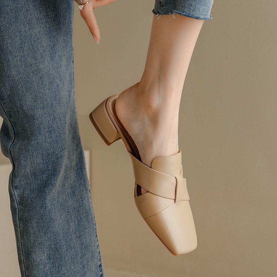 Designer sandals Designer sandals French Style Square Toe for Women, Fashionable Chunky Mid Heel Apricot Mules, Summer Mules
