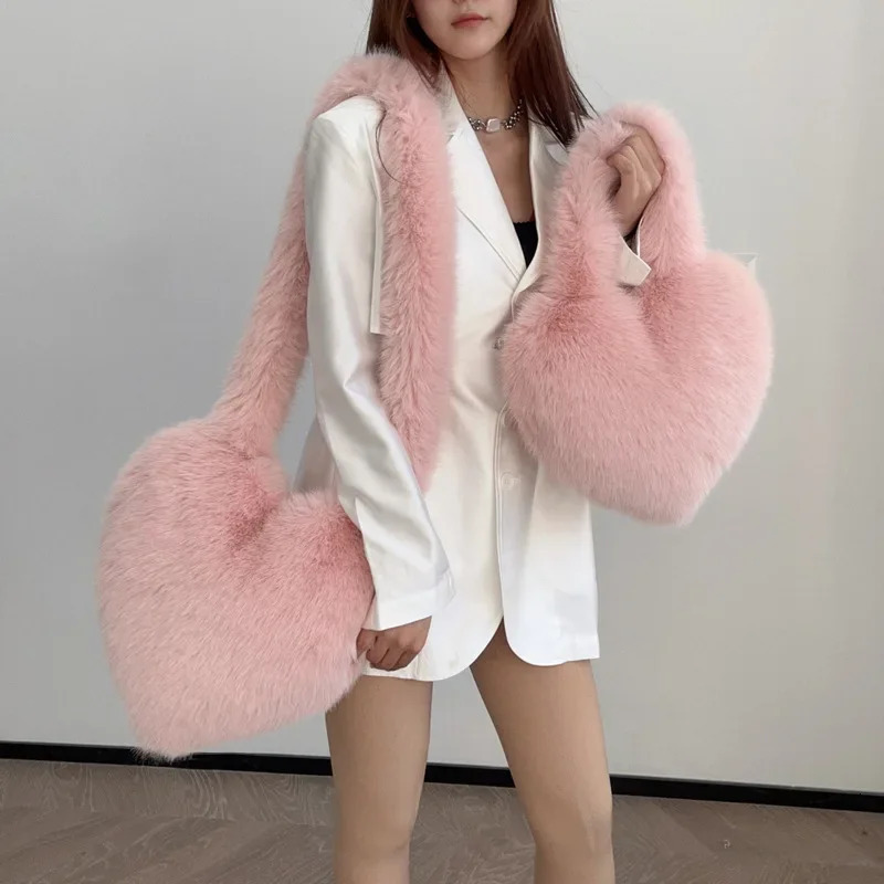 2K Girls Fluffy Shoulder Bags Love Heart Female Pink Plush Handbags Large Capacity Womens Faux Fur Crossbody Bag Tote 250717