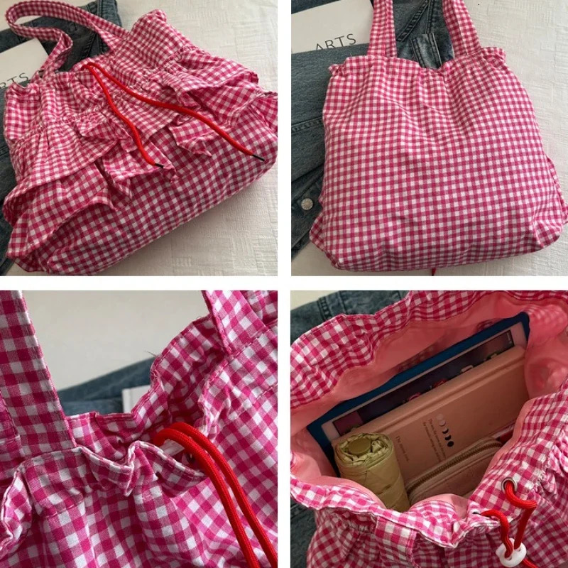 Casual Ruffles Womens Drawstring Shoulder Bags Commute Simple Ladies Plaid Tote Shopping Bag Large Capacity Handbags 250717