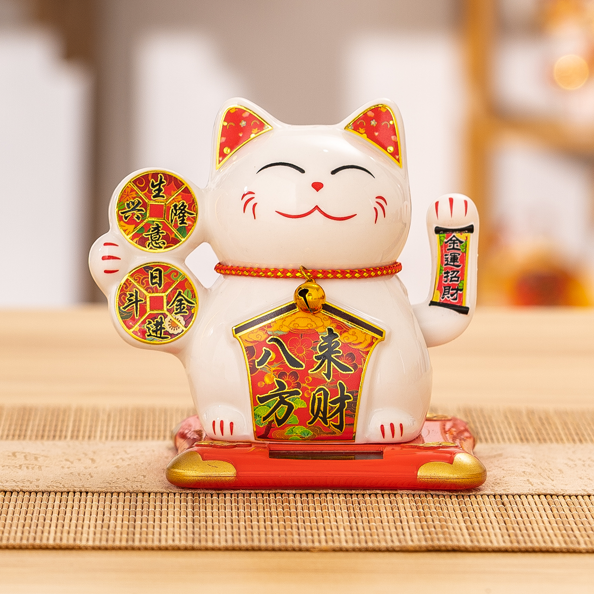 Solar-Powered Ceramic Cat Figure for Car Interior Hand Shaking Design An Attractive Decoration Item Decal technique