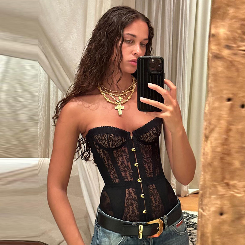 Sexy Lace Strapless Corset Vest Women Slim Bandage V-neck Single Breasted Fishbone Tops 2025 Summer Lady All-match Tanks