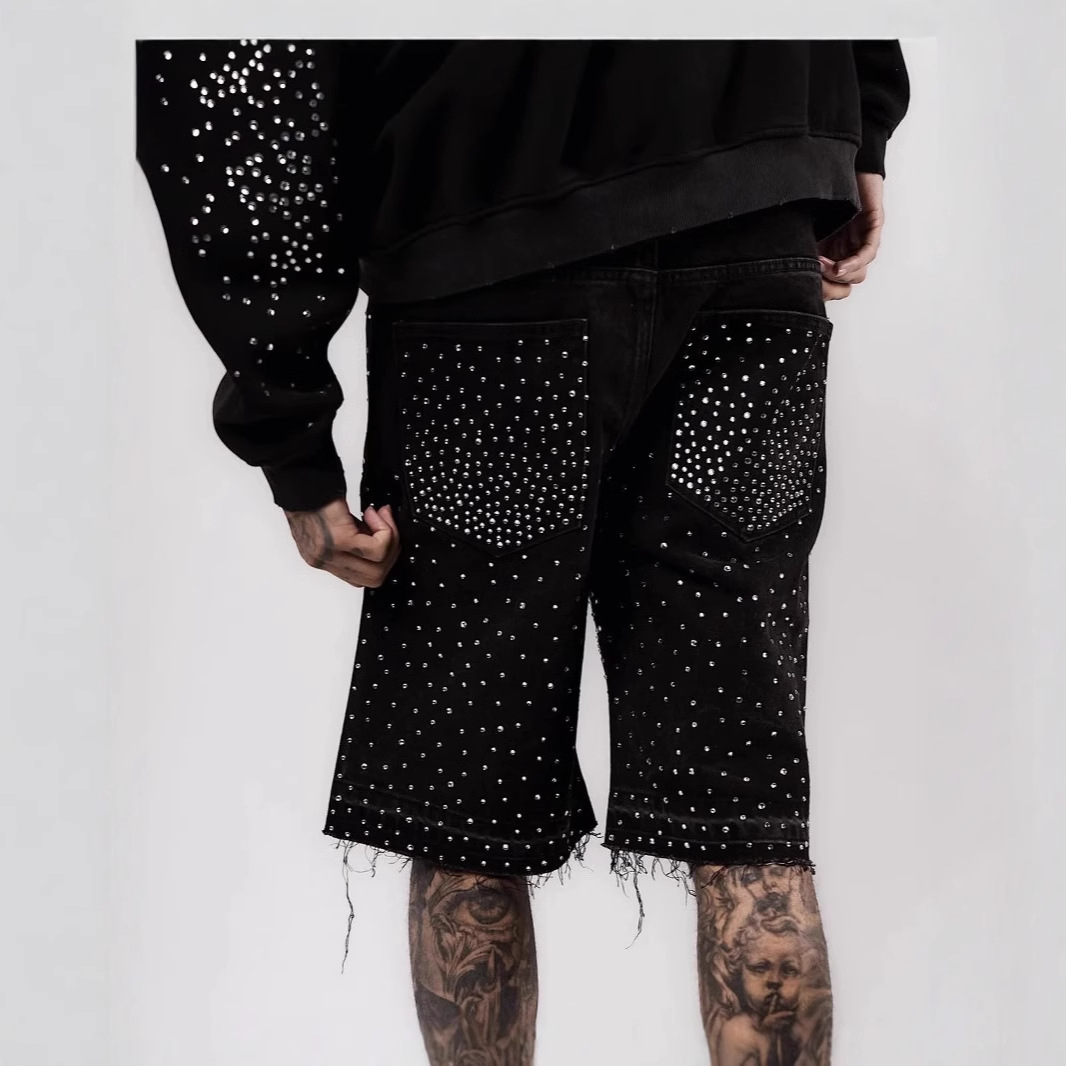 Men's Shorts Gothic Rhinestone Cross Embroidery Viral Denim Jorts Vintage American Trend Gym Men Women Street Hip Hop Jean Short