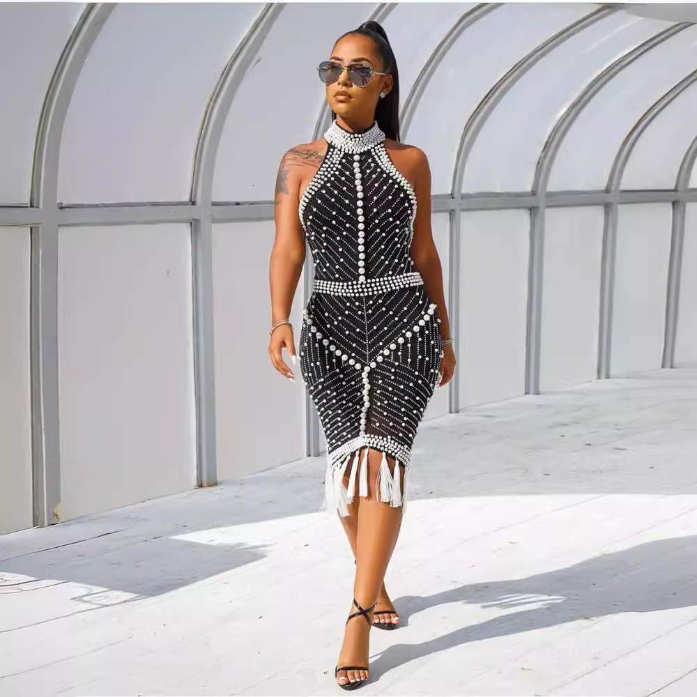 Womens Turtleneck Bodycon Mini Dress with Pearl Ladies Plus Size Dresses High Waist Sexy Party Dress Wholesale Drop 240814
