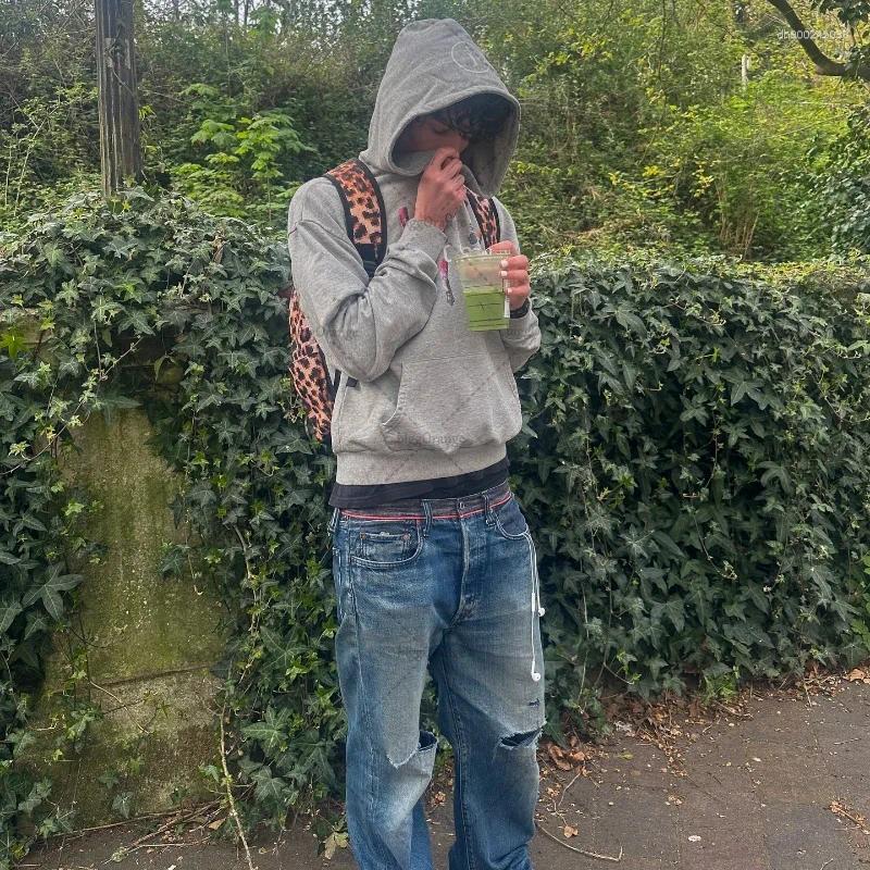 Men's Hoodies Harajuku Grey Hoodie Retro Street Gothic Men Fashion Printed Oversized Sweatshirt Hip Hop Punk Streetwear