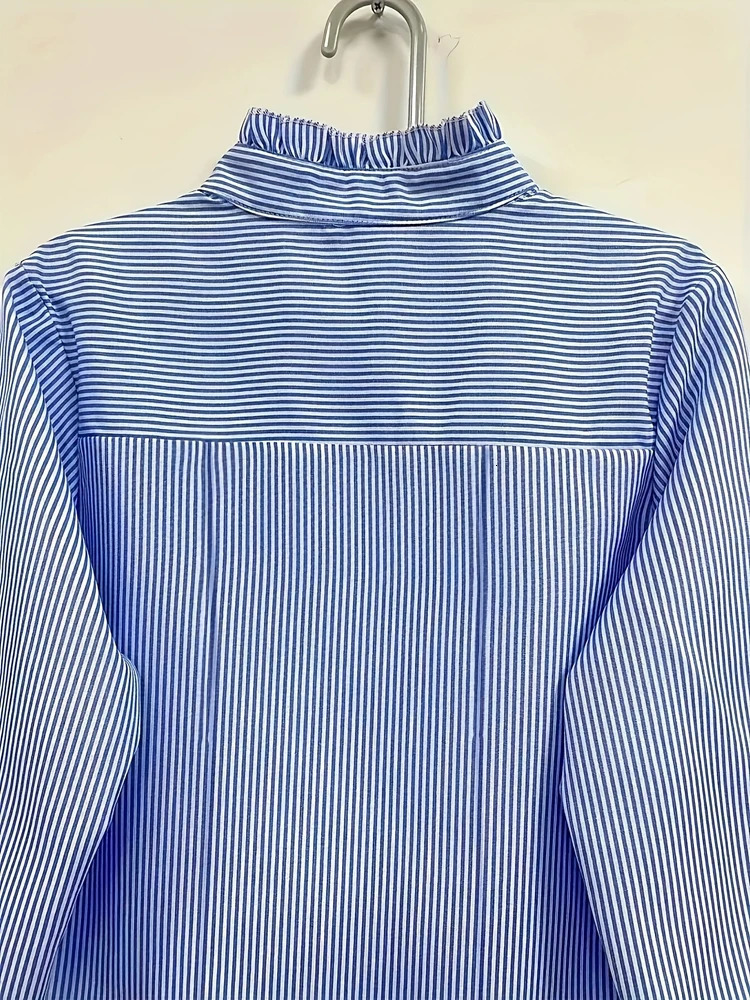 Plus Size Womens 2025 Blue Striped Shirt Basic Comfortable Versatile Temperament Long Sleeve 250707