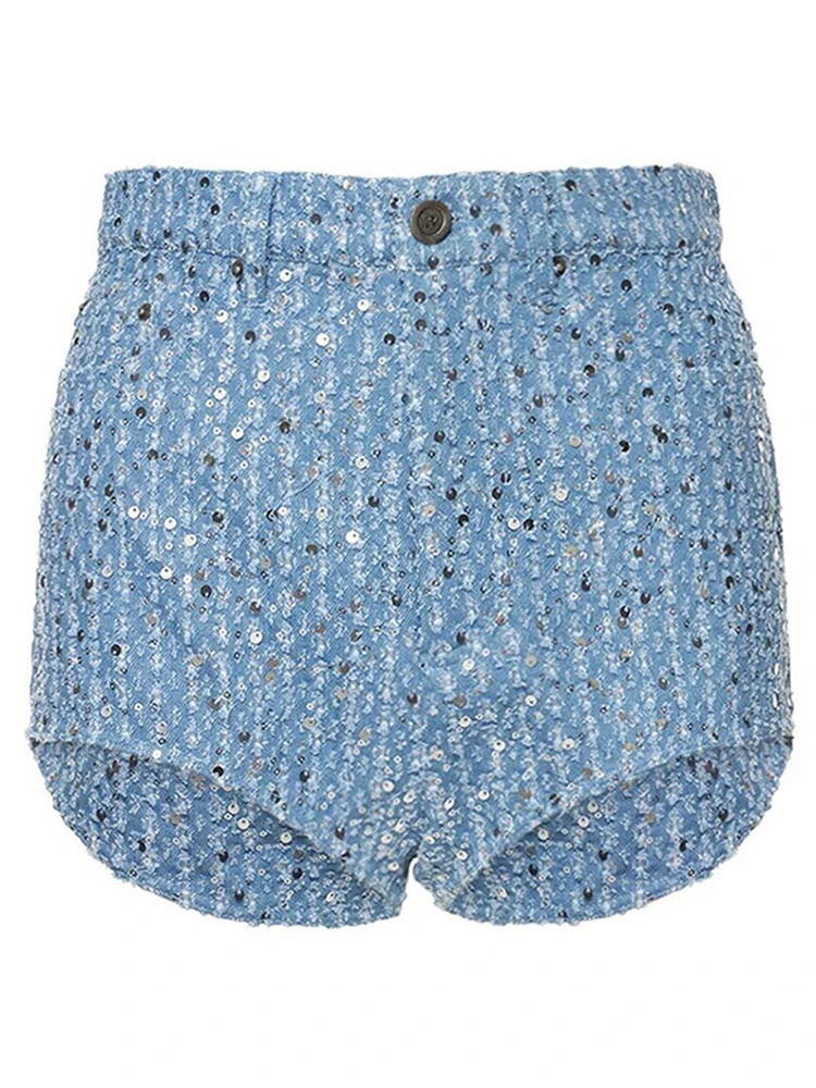 Womens Denim Sequined Shorts Sets 2 Pieces Spring Outfit Outwear Long Sleeve Lapel Coats Slim Short Pants Suit Female 250714