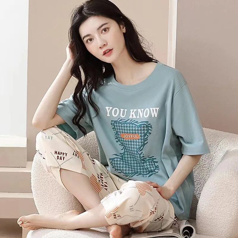 Summer Ladies Pajamas Homewear Set of ShortSleeved Simple Korean Cartoon Loose Large Size 250717