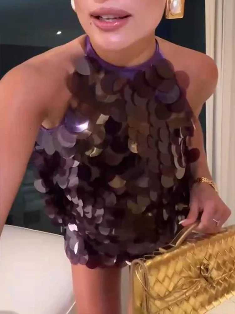 Sequins Glitter Halter Mini Dress Women Backless Sleeveless Evening Party Holiday High Waist Sexy Dresses 2025 New Fashion Night XJ250722