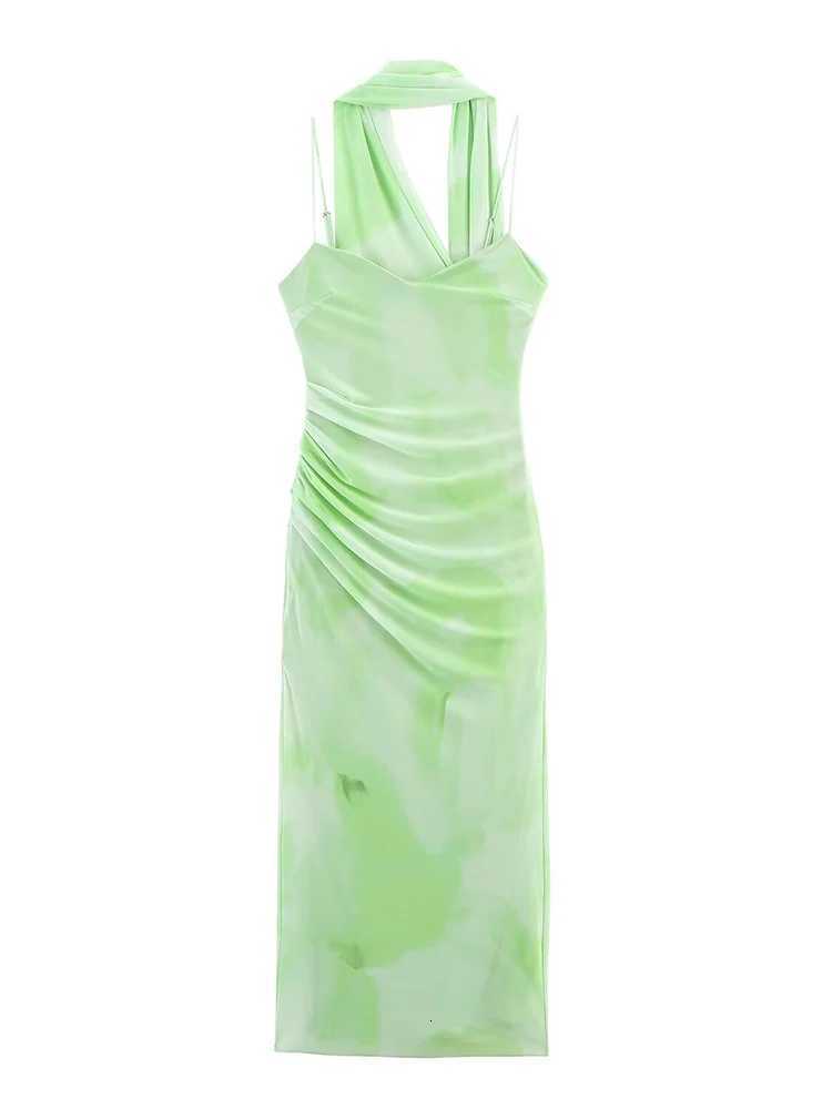 TFMLN Women Summer Printed Sling Dress with Scarf Sexy Open Back Bodycon Club Party Dresses Ele Lady Pleated Midi Outfit XJ250722