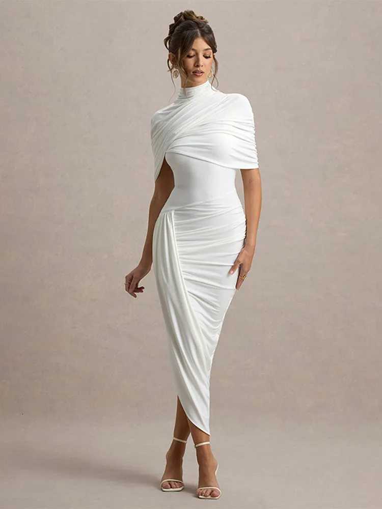 100% Solid Pleated Maxi Dresses Women Fashion Chic Round Neck High Collar Split Slim Fit Long Dresses 2025 Dinner Party Wear XJ250722