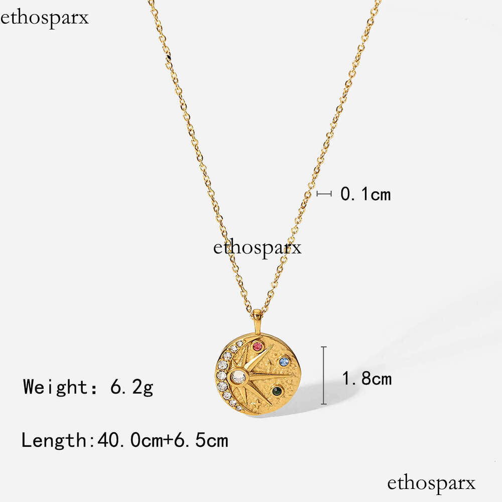 18K Gold Plated Stainless Steel Colorful VVS Moissanite Pendant North Star Sun moon relief hammer inlaid color VVS Moissanite round Necklace