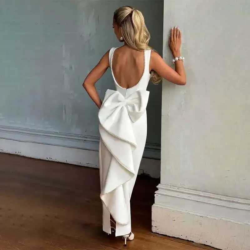 2025 Spring Summer Womens Sexy Party Dress with Pearl Bow Backless Nightclub Maxi Long Slim Bodycon Dresses XJ250722