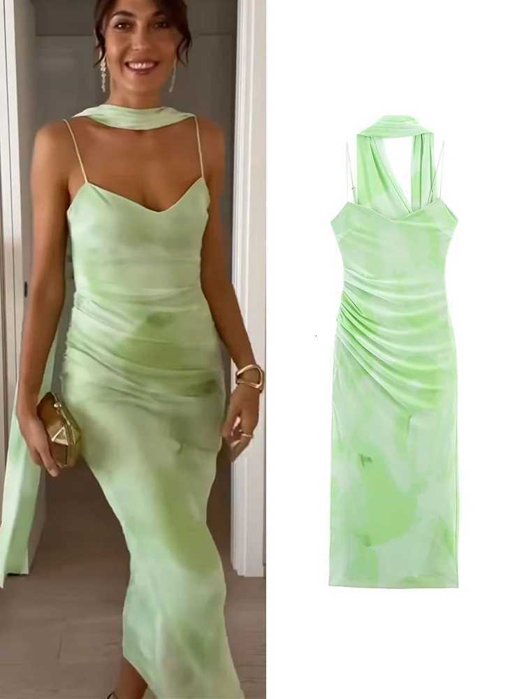 TFMLN Women Summer Printed Sling Dress with Scarf Sexy Open Back Bodycon Club Party Dresses Ele Lady Pleated Midi Outfit XJ250722