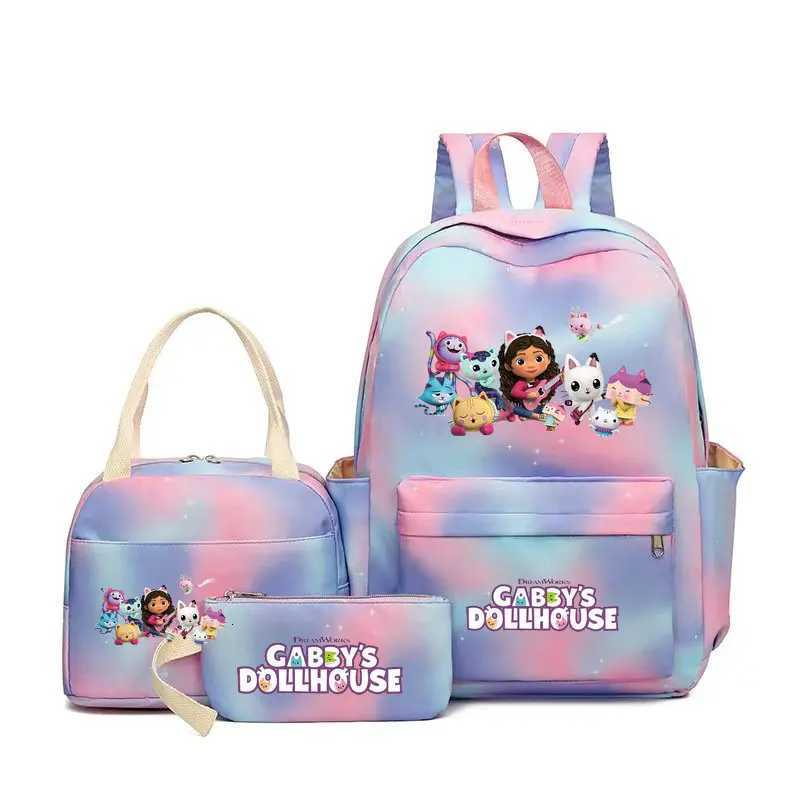 3Pcs Gabby Dollhouse Colorful Backpack Set for Women Casual School Bags with Lunch Bag Girl Boy Student Teenager Rucksack Y250722