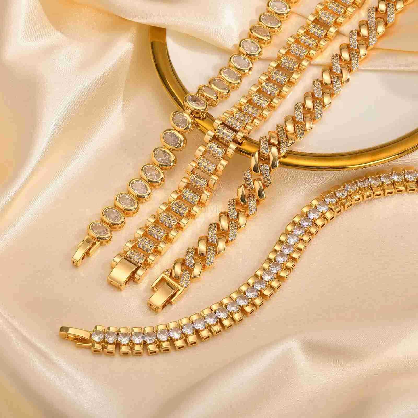 14K Gold Plated Paperclip Chain Bracelet Cubic Zirconia Watch Strap Chunky Link Adjustable Stackable Jewelry For Women Girl Gift M250722