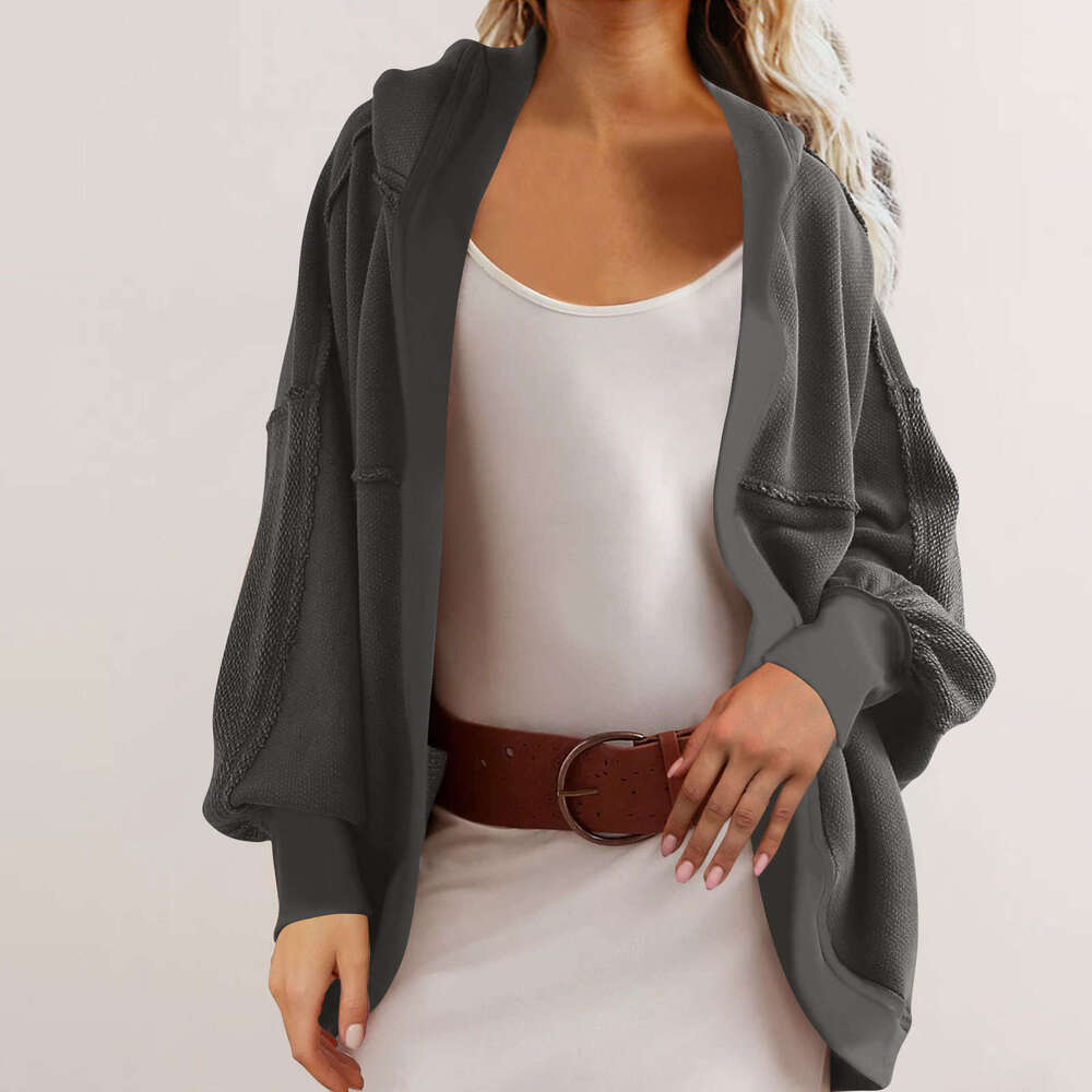 Women's Autumn Winter Coat Hooded Elegant Commuter Loose Back Patchwork Casual Open Front Sweatshirt B5