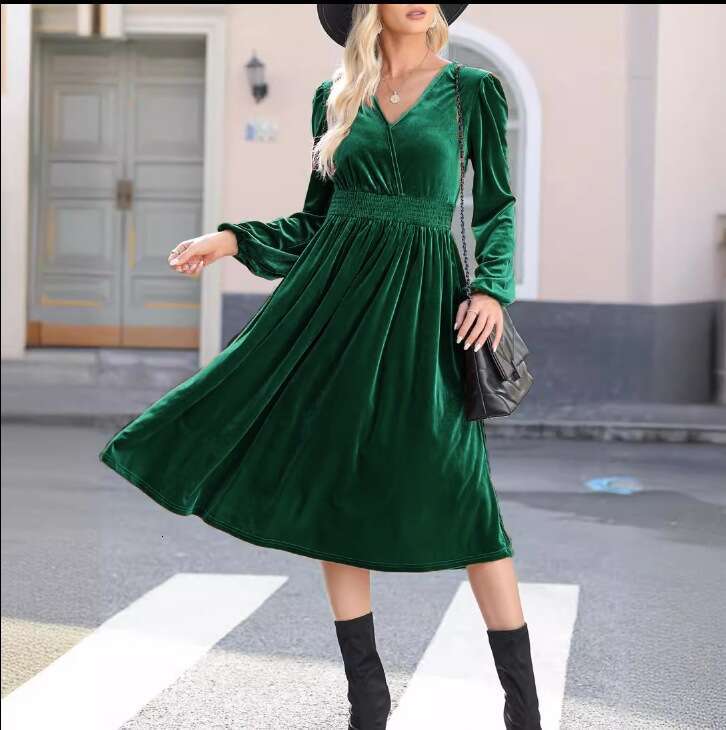 Autumn Winter New Solid Color Sleeve Elegant Commuting V-Neck Pleated High Waist Long Dress For Women B5
