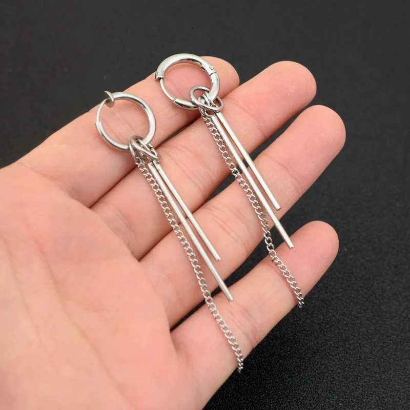 New Fashion Stainless Steel Long Chain Tassel Pendant Earrings Hoop Personality Ear Clips for Unisex Hip-hop Punk Rock Trend XJ250722