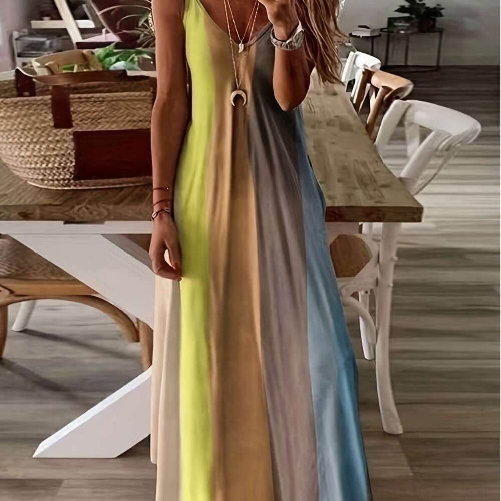 Summer Women's Long Slim Fit Colorful Gradient New Printed Strap Dress B5