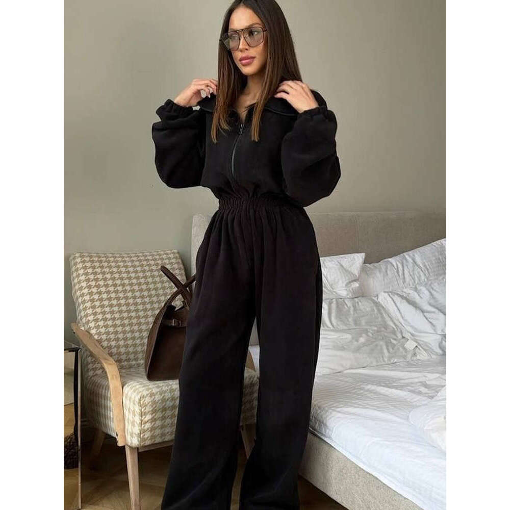 Spring And Autumn Women's New Fashion Long Sleeve Casual Half-Zip Elastic Waist Jumpsuit Set B5