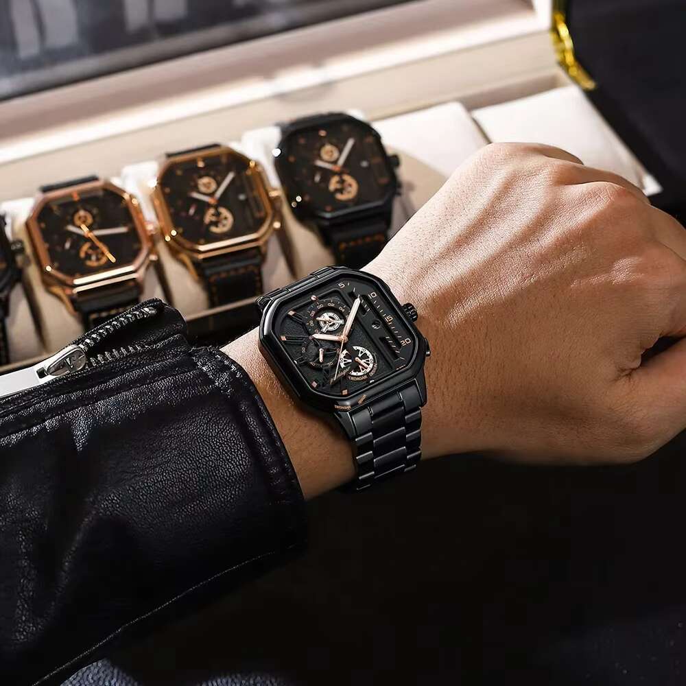 DHwatches POEDAGAR Men's Sports Chronograph Watch - 50M Waterproof, Luminous, Square Dial, Stainless Steel Band, Multifunction Quartz Watch