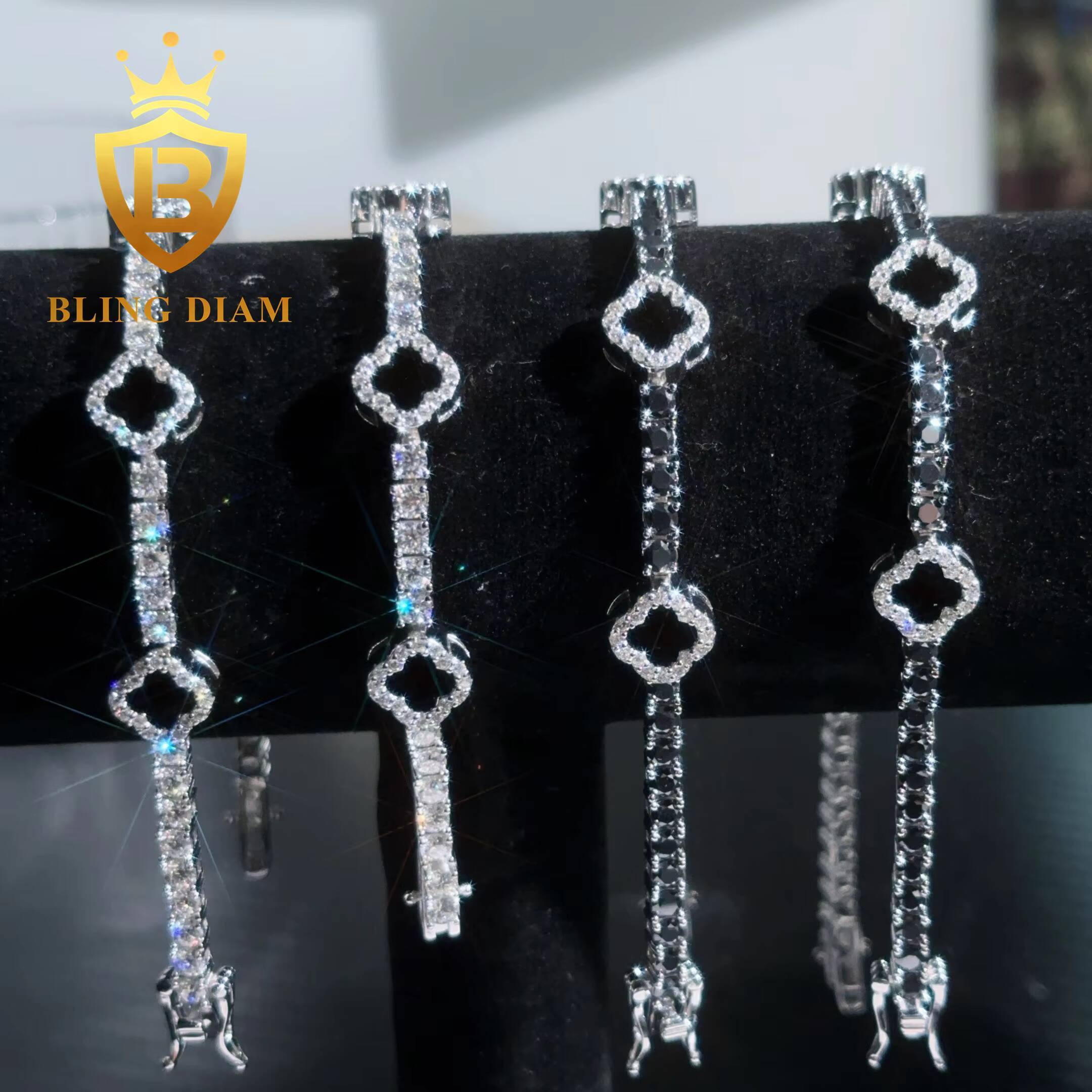 Fashion 3mm Black Clover Moissanite Tennis Chain Bracelet 925 Silver 3mm Moissanite Bracelet Pass Diamond test Hip Hop Bracelet