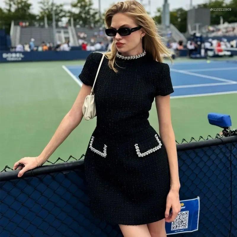 Two Piece Dress Talenza Women's Elegant Tweed A-Line Solid Slim Fit Short Sleeve Retro O-Neck Patchwork Luxury Evening