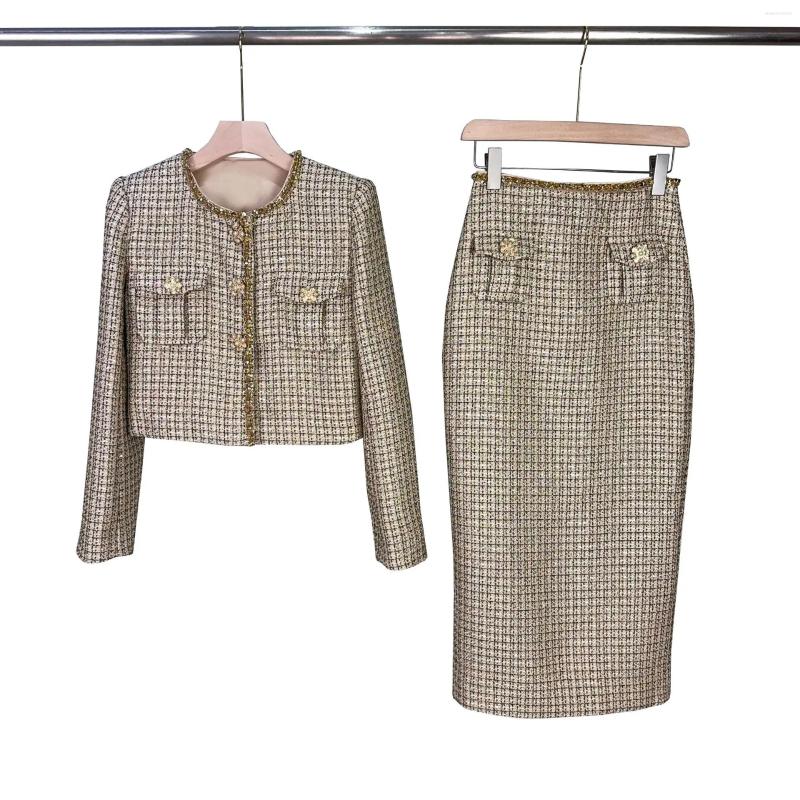 Two Piece Dress Autumn Winter Small Fragrant Style Gold Plaid Coarse Knitted Set Women Suit Coat Tweed Jackets Midi Long Skirts Sets