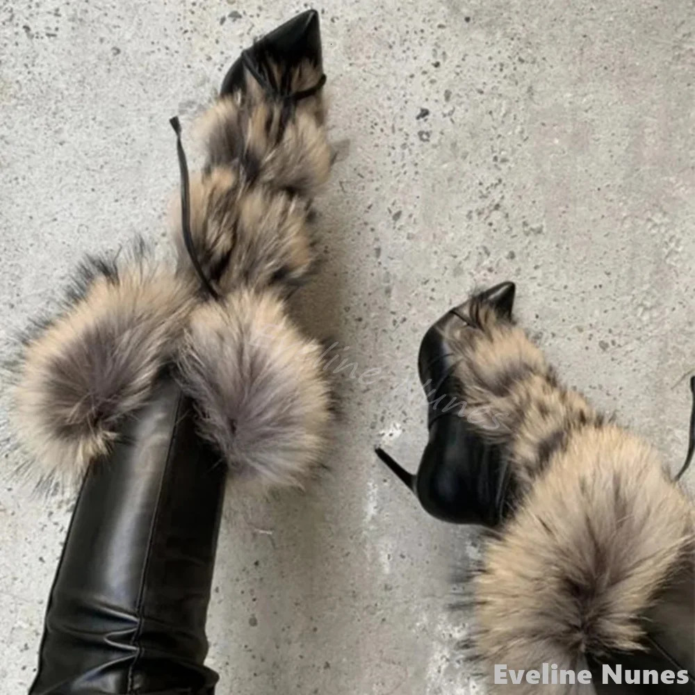 Furry Cross Straps Ankle Boots Women Black Leather Pointed Toe Stiletto Heel Mid Calf Boots Winter Catwalk Party Boots 250717