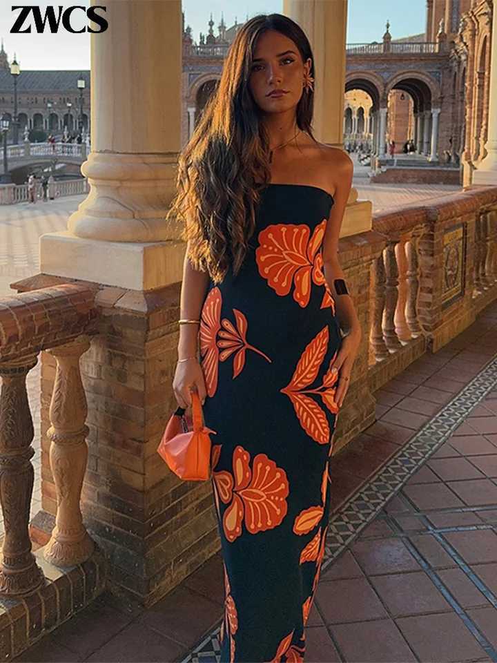 Ele Floral Print Ribbon Strapless Dress Women Sexy Off Shoulder Hip Package Long Tube Dresses 2025 Summer New Lady Slim Dress XJ250722