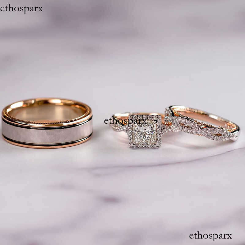 Luxury 3pcs Rose Gold Plated Diamond Twist Engagement Ring Square VVS Moissanite Wedding Ring Set