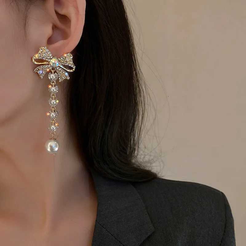 Bowknot Rhinestone Dangle Earrings for Women Long Tassel Pearl Earrings Weddings Party Jewelry XJ250722