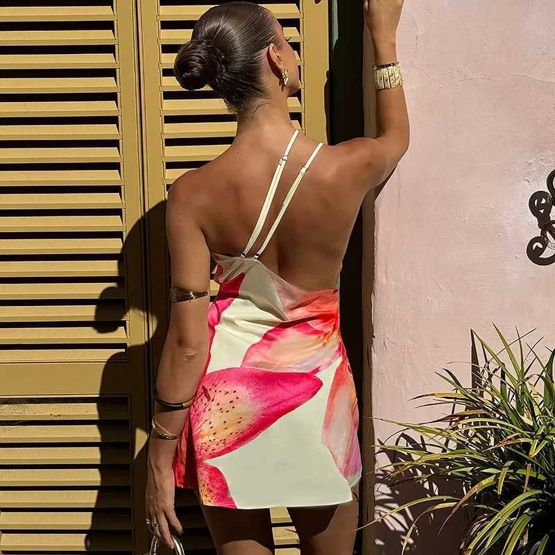 One Shoulder Floral Print Beach Vacation Y2K Mini Dress Outfits Women Summer Backless Sleeveless Bodycon Short Dresses Vestido XJ250722